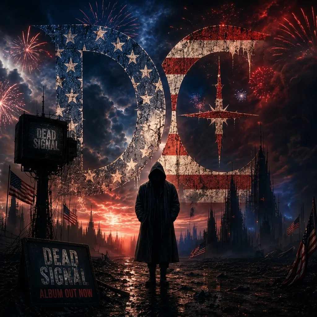 A hooded figure beneath the Dystopian Cypher signal